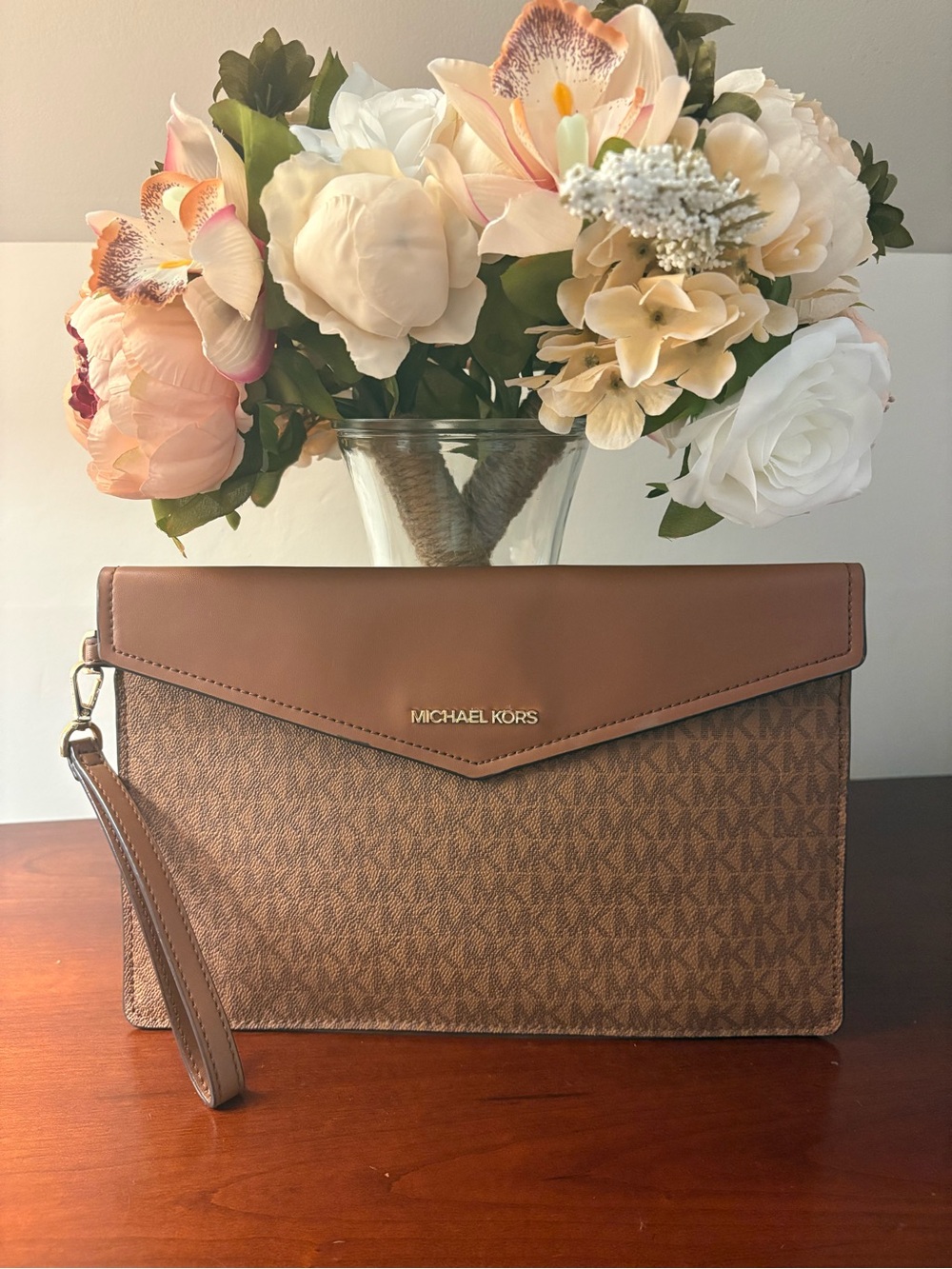 Michael Kors Tan and Brown Signature Envelope Wristlet Clutch